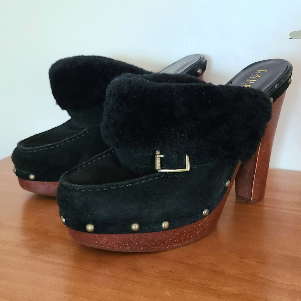 Black suede shearling fur clogs mules studded platform